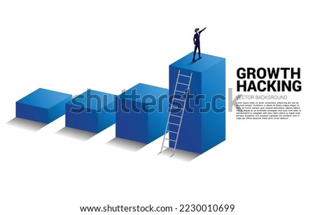 silhouette of businessman point finger on top bar graph with ladder. Concept of vision mission and goal of business