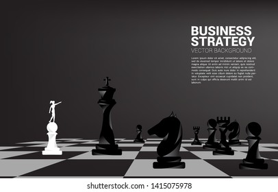 Silhouette of businessman point forward with chess piece. concept of business strategy marketing.