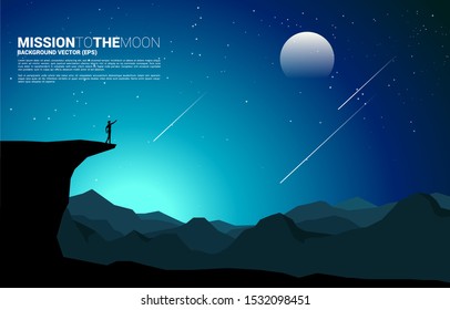 silhouette of businessman point forward from mountain cliff to the moon at night. Concept of business vision mission and goal