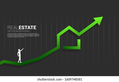 silhouette of businessman point up to green home icon with Growing graph. Concept of success investment and growth in real estate business