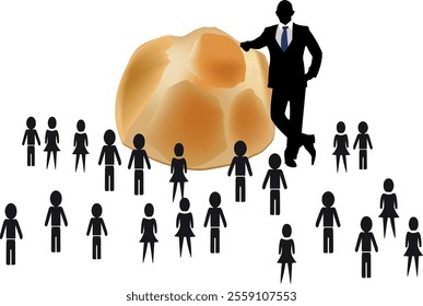 Silhouette of businessman presenting a giant loaf of fresh bread to a group of potential customers