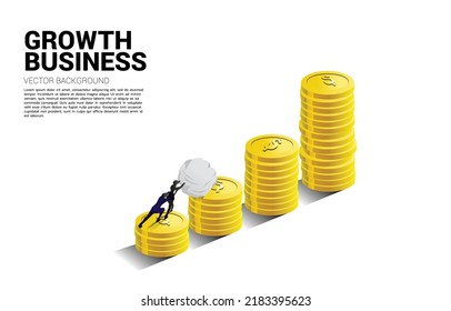 Silhouette of businessman push the big rock up to top of stack of coin. Concept of success investment and growth in business