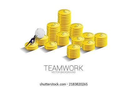 Silhouette of businessman push the big rock up to top of stack of coin. Concept of success investment and growth in business