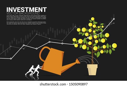 Silhouette of businessman push to watering the money tree. Background concept for financial investment and money saving