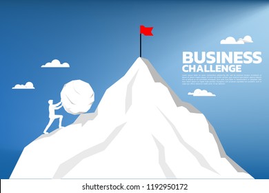 Silhouette of businessman pushing the big rock to the top of mountain. concept of business challenge and hard work.