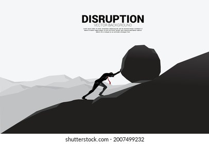 Silhouette of businessman pushing the big rock to the top of mountain. concept of business challenge and hard work.