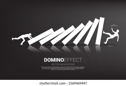 Silhouette of businessman pushing to collapse domino to another businessman. business concept of business disruption and domino effect 