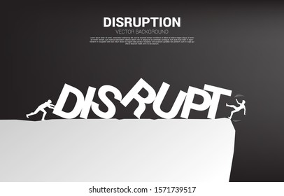 Silhouette of businessman pushing to collapse domino to another businessman falling from the cliff. business concept of business disruption and domino effect 