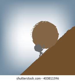 silhouette of Businessman pushing a huge stone uphill, vector illustration in flat design