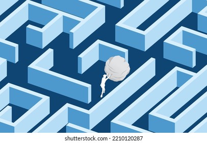 Silhouette of businessman pushing the rock in maze. Concept of business challenge and work hard.