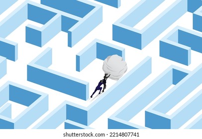 Silhouette of businessman pushing the rock in maze. Concept of business challenge and work hard.