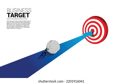 Silhouette of businessman pushing the rock on arrow to target. Concept of business challenge and work hard.