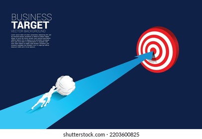 Silhouette of businessman pushing the rock on arrow to target. Concept of business challenge and work hard.
