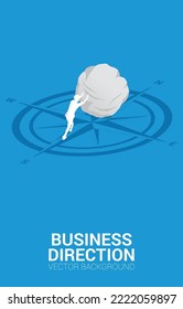 Silhouette of businessman pushing the rock on center of compass on floor.Concept of career path and business direction
