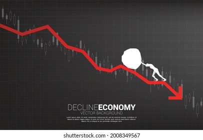Silhouette of businessman pushing the rock rolling down.stop financial crisis . concept of business challenge and teamwork.