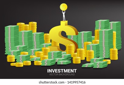 silhouette of businessman raise golden coin on top of dollar icon with stack money coin and banknote dollar. Concept of success business and Career path.