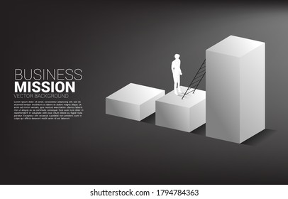 silhouette of businessman ready to move up on bar graph with ladder. Concept of vision mission and goal of business