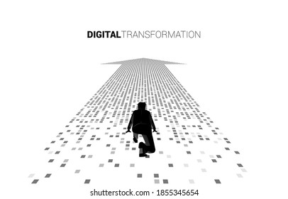 Silhouette of businessman in ready position on the arrow from pixel. concept of digital transformation of business.