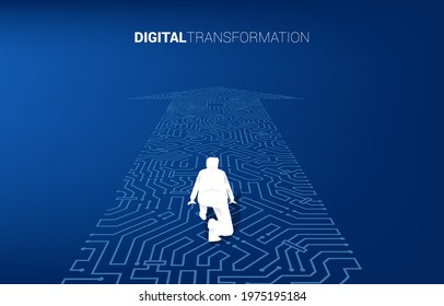 Silhouette of businessman in ready position on the arrow dot connect circuit board style. concept of digital transformation of business.