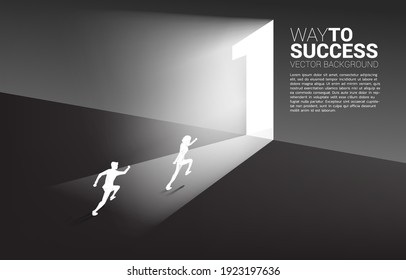 Silhouette of businessman ready to run to exit door number one. Concept of career start up and champion business solution.