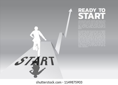 Silhouette of businessman ready to run from start line on growing graph. Concept of people ready to start career and business
