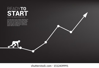 Silhouette of businessman ready to run from start line on growing graph. Concept of people ready to start career and business