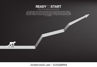 Silhouette of businessman ready to run from start line on growing graph. Concept of people ready to start career and business