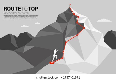 Silhouette of businessman ready to run from start line to top of mountain. Concept of people ready to start career and business