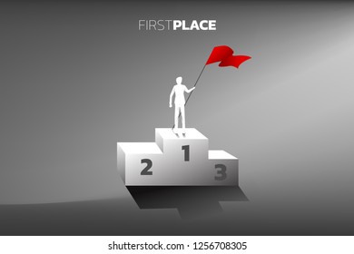 Silhouette of businessman with red flag on champion podium. Business Concept of winner and success 