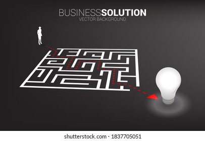 Silhouette Of Businessman With Route Path To Exit The Maze To Light Bulb. Business Concept For Problem Solving And Finding Idea.