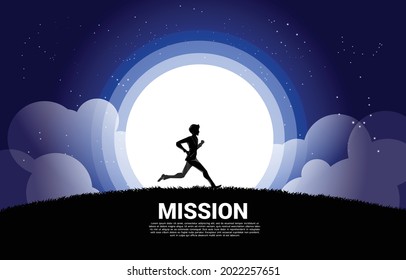 Silhouette of businessman run in the moon and star. Concept of business mission vision and goal.