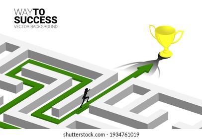 Silhouette of Businessman run on Arrow with route path to exit the maze to golden trophy. Business concept for problem solving and solution strategy