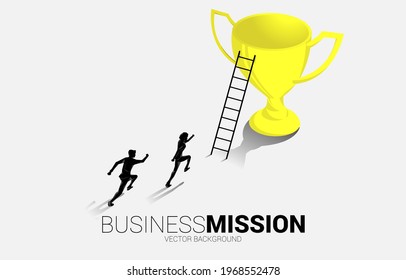 Silhouette businessman running to champion trophy with ladder. Business Concept of leadership goal and vision mission