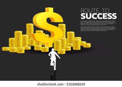 silhouette of businessman running to dollar money icon and stack of coin. Concept of success business and Career path.