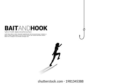 Silhouette of businessman running with fishing hook. Concept of bait and hook in business. 