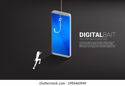 Silhouette of businessman running to fishing hook in mobile phone. Concept of digital scam and fraud in business.