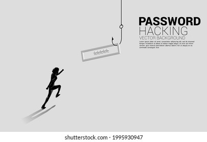 Silhouette of businessman running to fishing hook with password. Concept of click bait and digital phishing. 