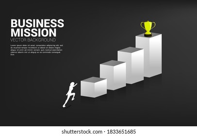 Silhouette businessman running to get trophy on top of graph. Business Concept of  goal and vision mission