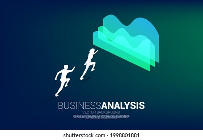 Silhouette of businessman running to graph. Concept of business information and data analysis.