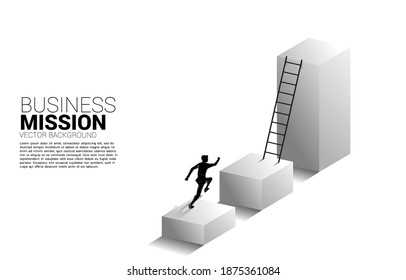 silhouette of businessman running to move up on bar graph with ladder. Concept of vision mission and goal of business