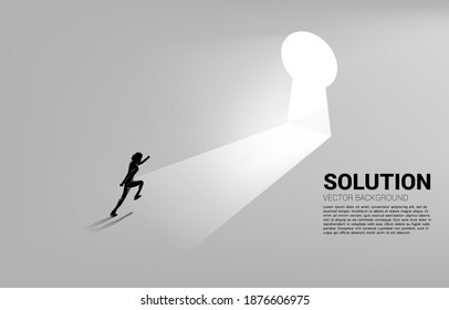 silhouette of businessman running to move out to key hole door. Find the solution concept vision mission and goal of business