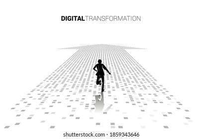 Silhouette of businessman running on the arrow from pixel. concept of digital transformation of business.