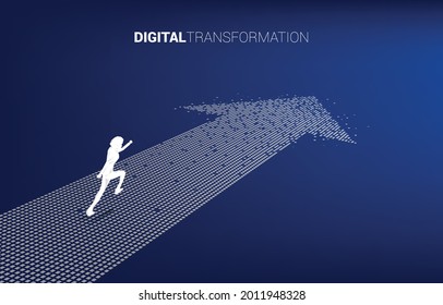 Silhouette of businessman running on the arrow from pixel. concept of digital transformation of business.