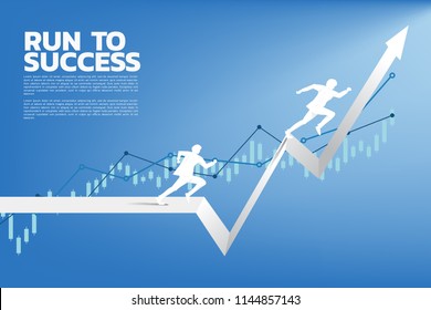 Silhouette of businessman running on chess piece from pawn to king with graph background. Concept of Goal, Mission, Vision, Career path and strategy. competition in business 