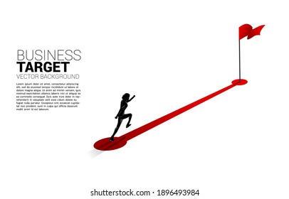 Silhouette of businessman running on route path to red flag at goal. Concept of people ready to start career and business to success.