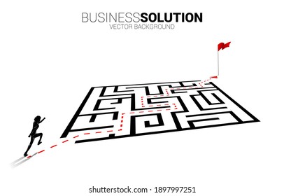 Silhouette of businessman running on route path go around the maze to goal. Business concept for problem solving and finding idea.
