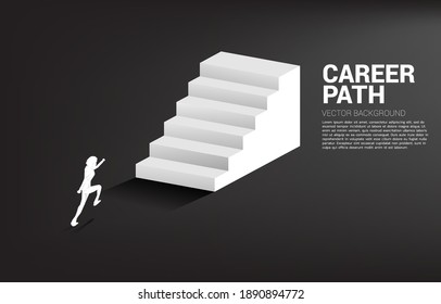 Silhouette of businessman running up on stair. Concept of people ready to up level of career and business.