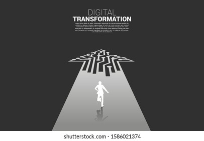 Silhouette of businessman running on the way with dot connect line circuit. concept of digital transformation of business.