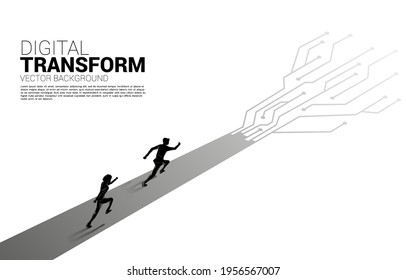 Silhouette of businessman running on the way with dot connect line circuit. concept of digital transformation of business.