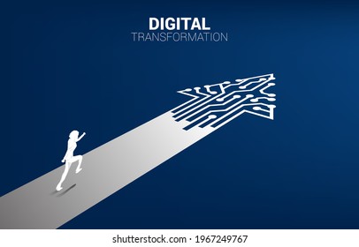 Silhouette of businessman running on the way with dot connect line circuit. concept of digital transformation of business.